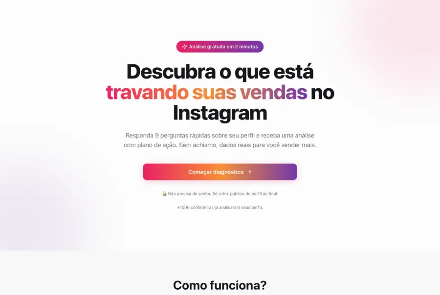 Página de vendas de aluno: Diagnóstico de Instagram